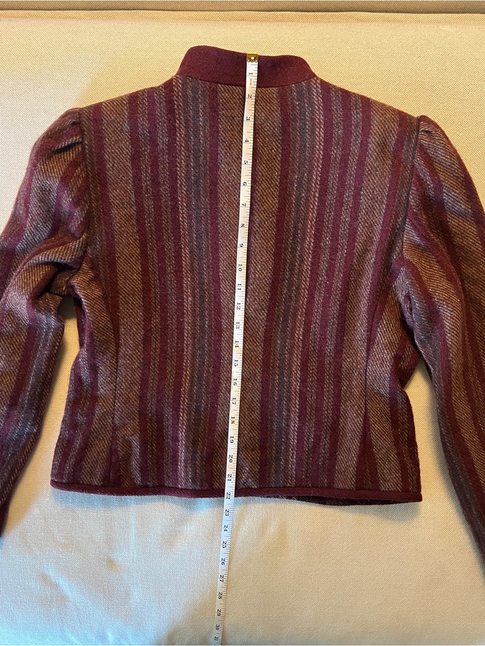 SASSON 100% Wool Mandarin Collar Cropped Stripe Jacket Burgundy Maroon | US M - Picture 4 of 11